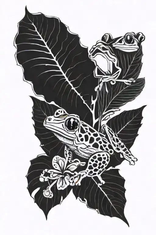 tropical leaves 1 hibiscus flower and a red eyed tree frog  tattoo design idea