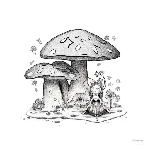 fairy on toadstool surrounded by violets  tattoo design idea