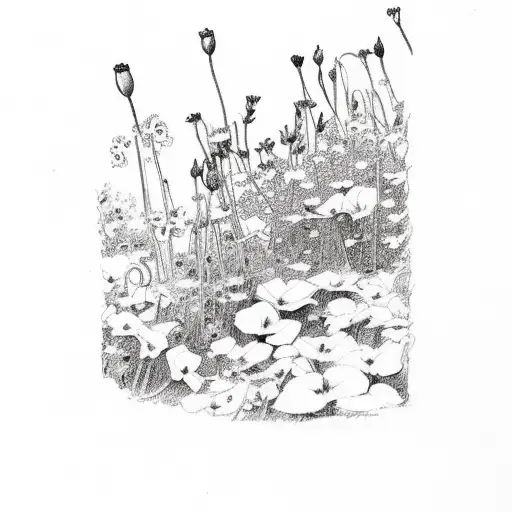 garden with violets, lilies, poppies and bluebells tattoo design idea