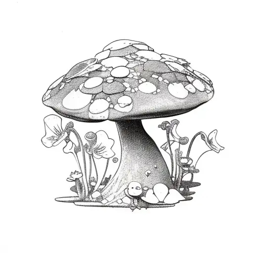 fairy on toadstool surrounded by violets  tattoo design idea