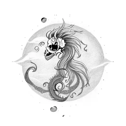 sun horse and phoenix with a skeleton holding a syth and a rose tattoo design idea