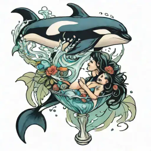 killer whale splashing a girl sitting in a martini glass tattoo design idea