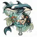 killer whale splashing a girl sitting in a martini glass tattoo design idea