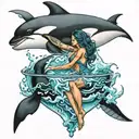 killer whale splashing a girl sitting in a martini glass tattoo design idea