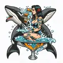 killer whale splashing a girl sitting in a martini glass tattoo design idea