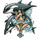 killer whale splashing a girl sitting in a martini glass tattoo design idea