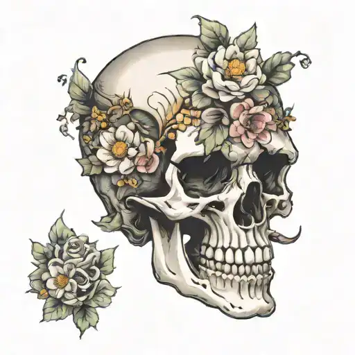 A 2D frontal view of a skull wearing an open helmet adorned with delicate flowers that gracefully cover helmet tattoo design idea