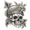 A 2D frontal view of a skull wearing an open helmet adorned with delicate flowers that gracefully cover helmet tattoo design idea