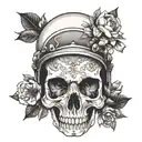 A 2D frontal view of a skull wearing an open helmet adorned with delicate flowers that gracefully cover helmet tattoo design idea