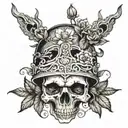 A 2D frontal view of a skull wearing an open helmet adorned with delicate flowers that gracefully cover helmet tattoo design idea