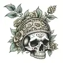 A 2D frontal view of a skull wearing an open helmet adorned with delicate flowers that gracefully cover helmet tattoo design idea