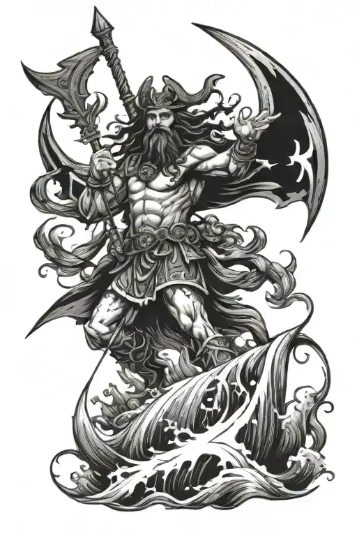 POSEIDON AND PIRATE SHIP AND TRIDENT  tattoo design idea