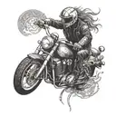 A dynamic tattoo design featuring a biker riding a motorcycle with intricate details and shading tattoo design idea
