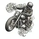 A dynamic tattoo design featuring a biker riding a motorcycle with intricate details and shading tattoo design idea
