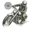 A dynamic tattoo design featuring a biker riding a motorcycle with intricate details and shading tattoo design idea