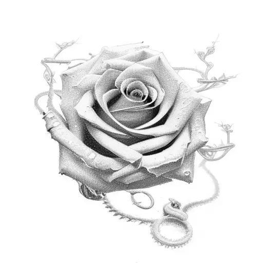 A delicate rose vine with thorns wrapping around a vintage pocket watch, representing the fleeting nature of time tattoo design idea