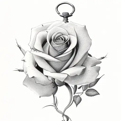 A delicate rose vine with thorns wrapping around a vintage pocket watch, representing the fleeting nature of time tattoo design idea