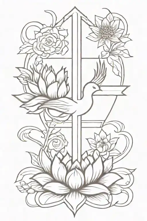 cross with phoenix and lotus flower tattoo design idea