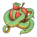 green snake coiled around arm biting into a red apple  tattoo design idea
