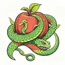 green snake coiled around arm biting into a red apple  tattoo design idea