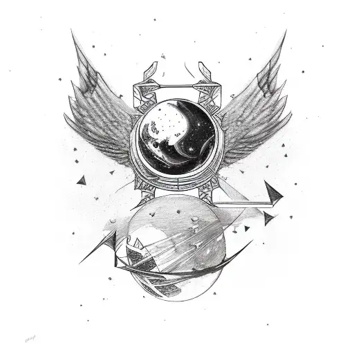 Bow and arrow, fire, wings, planets, geometric shapes  tattoo design idea