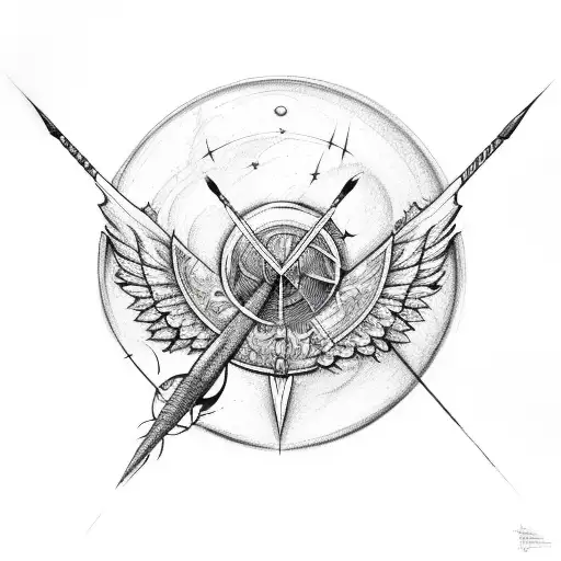 Bow and arrow, fire, wings, planets, geometric shapes  tattoo design idea