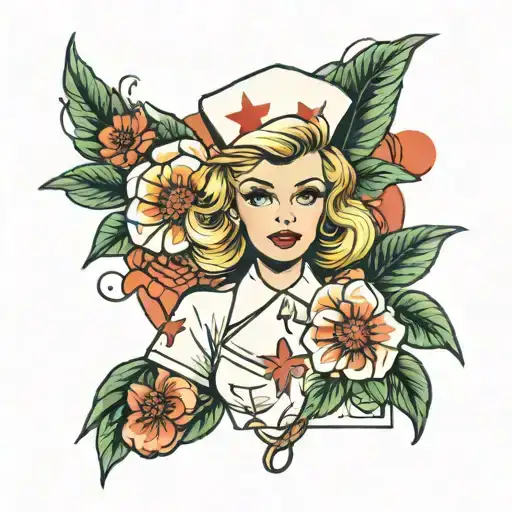 nurse, flower sleeve tattoo, blonde hair tattoo design idea