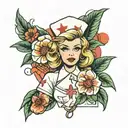 nurse, flower sleeve tattoo, blonde hair tattoo design idea