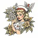 nurse, flower sleeve tattoo, blonde hair tattoo design idea