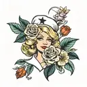 nurse, flower sleeve tattoo, blonde hair tattoo design idea