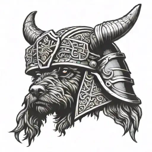Black cockapoo wearing viking helmet  tattoo design idea
