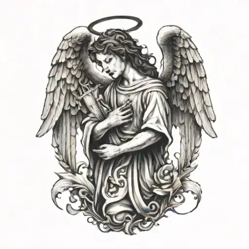 A detailed blackwork tattoo of an angel holding a scroll with Psalms 34:4 written on it tattoo design idea