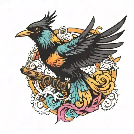 half black, half colorful bird flying away losing black feathers tattoo design idea