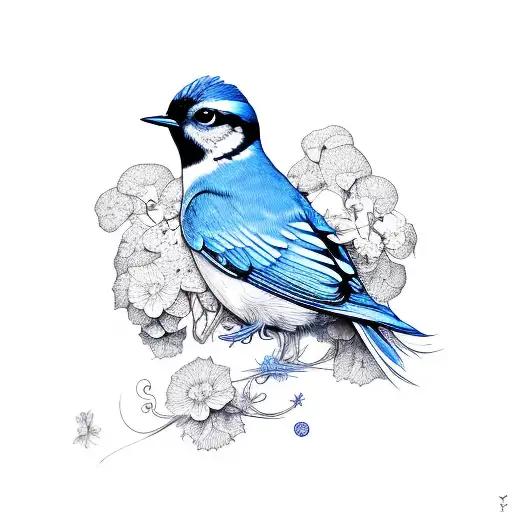 blue bird with geranium flowers in background tattoo design idea