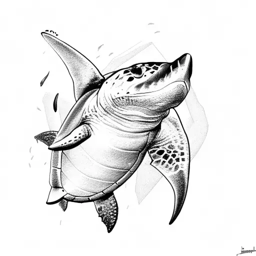 sea design with hammer head shark, sea turtle tattoo design idea