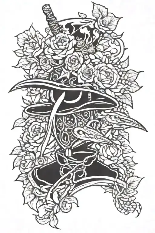 Nyx and Plague Doctor with flowers intertwined tattoo design idea