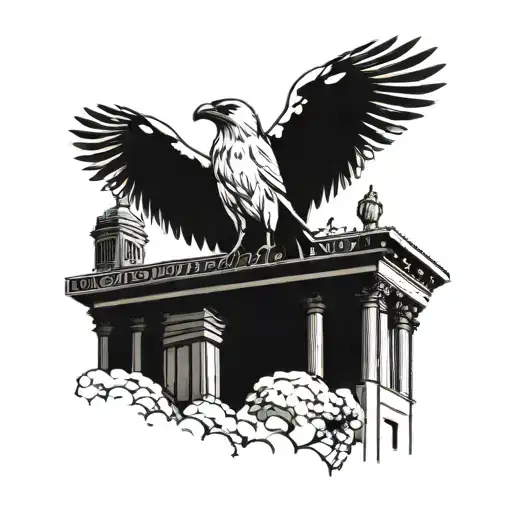 A blackwork tattoo of a white raven perched on a historical monument tattoo design idea