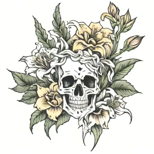 skeleton hands with gladiolus, dahlia, and daylily tattoo design idea