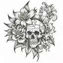 skeleton hands with gladiolus, dahlia, and daylily tattoo design idea