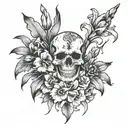skeleton hands with gladiolus, dahlia, and daylily tattoo design idea