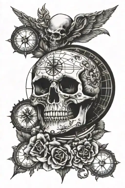 compass and skull   tattoo design idea