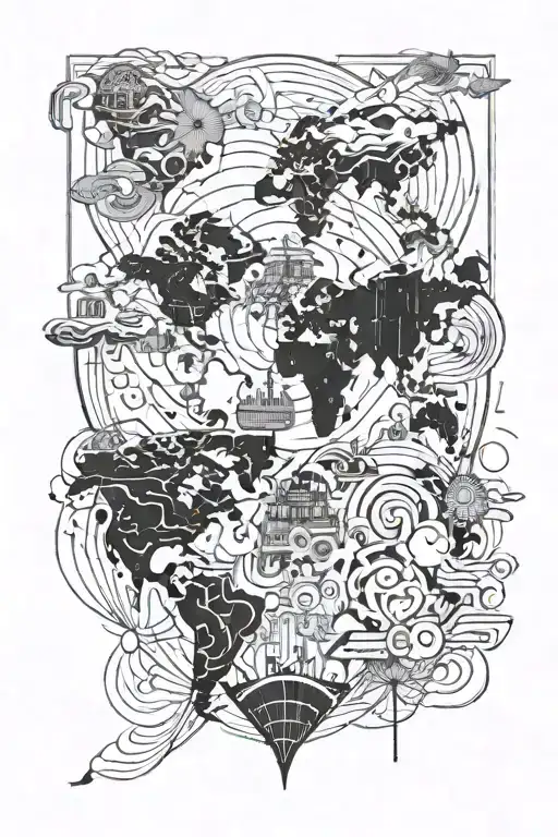A psychedelic music festival scene with a world map in the background symbolizing travel tattoo design idea