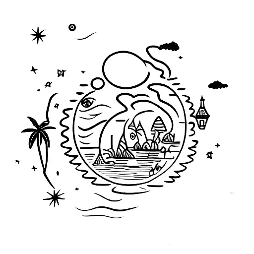 A moonlit scene of Guadeloupe island with spirits floating around it tattoo design idea