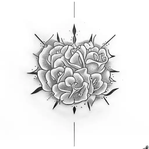 a singular sketoton hand poking out of the group, the hand is halding flowers tattoo design idea