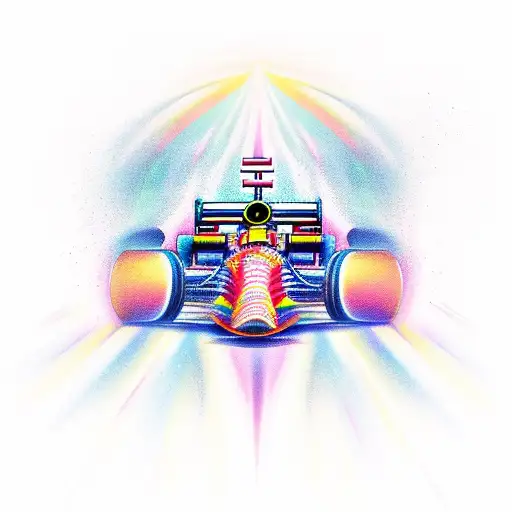 A dynamic and colorful tattoo of a formula one race car speeding through a winding track tattoo design idea