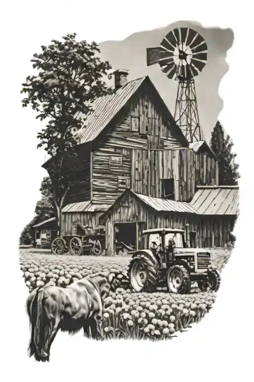 old barn with international tractor in front of it with Belgian horses in background and mums in the foreground tattoo design idea