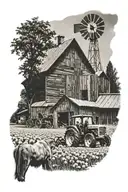 old barn with international tractor in front of it with Belgian horses in background and mums in the foreground tattoo design idea