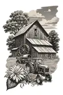 old barn with international tractor in front of it with Belgian horses in background and mums in the foreground tattoo design idea