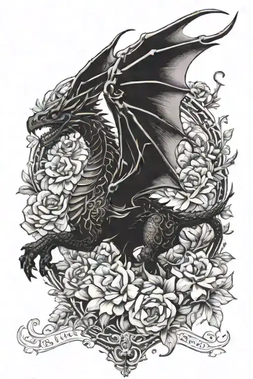throne of glass book Abraxos wyvern surrounded by flowers tattoo design idea