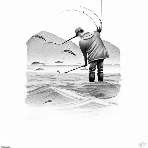 father and son fishing unter tree tattoo design idea